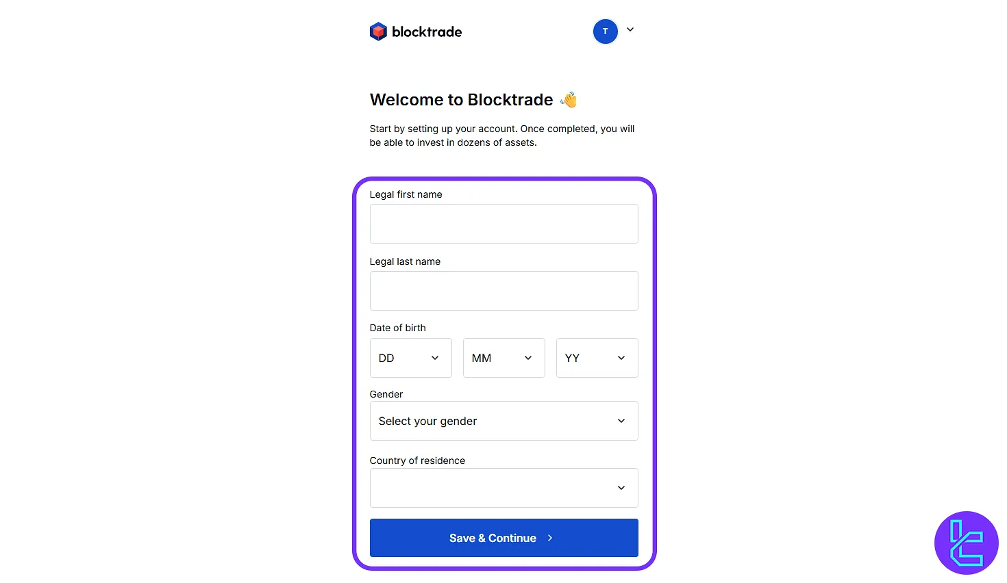 Blocktrade account setup personal details entry