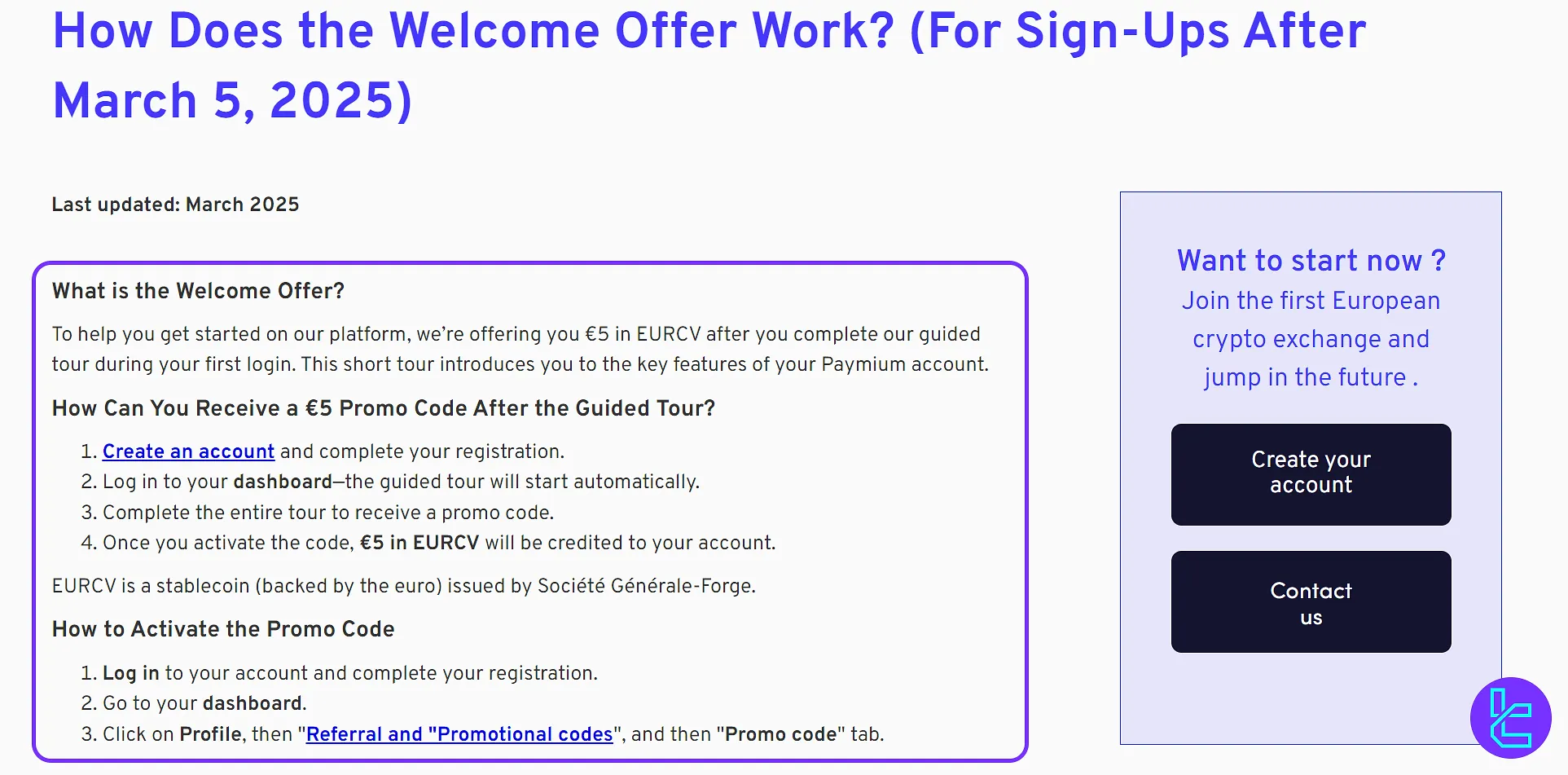 Paymium €5 welcome bonus in EURCV for completing the guided tour
