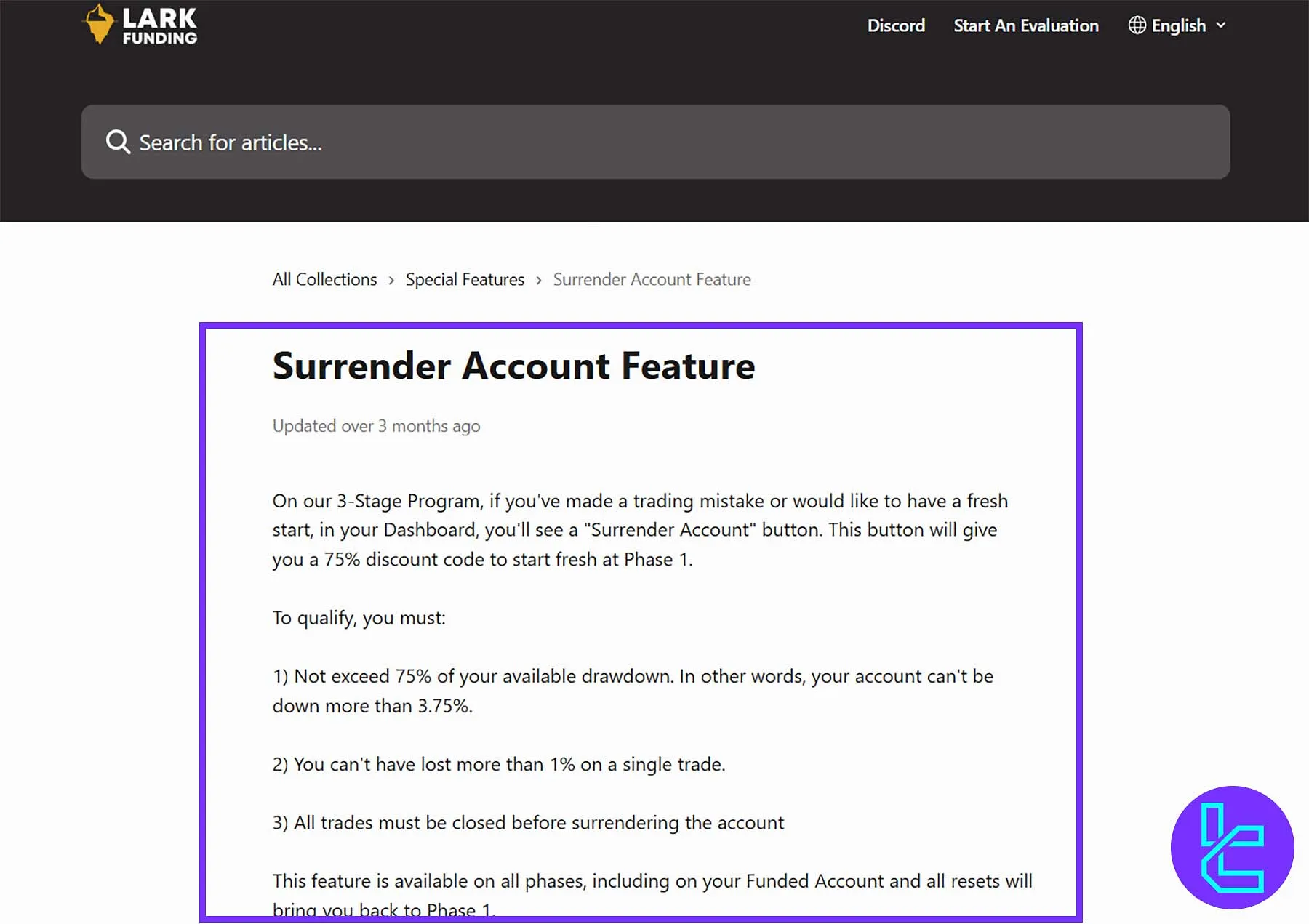 ویژگی حساب تسلیم در برنامه سه‌مرحله‌ای لارک فاندینگ