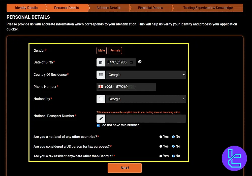 Capital Index Personal information entry