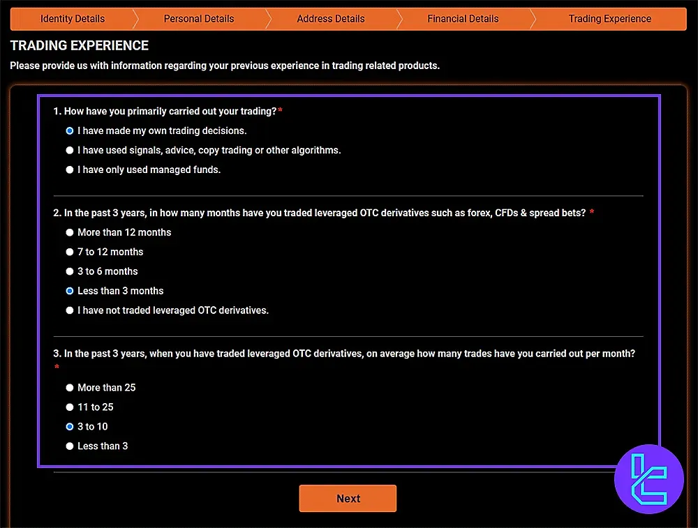 Capital Index Trading experience questionnaire