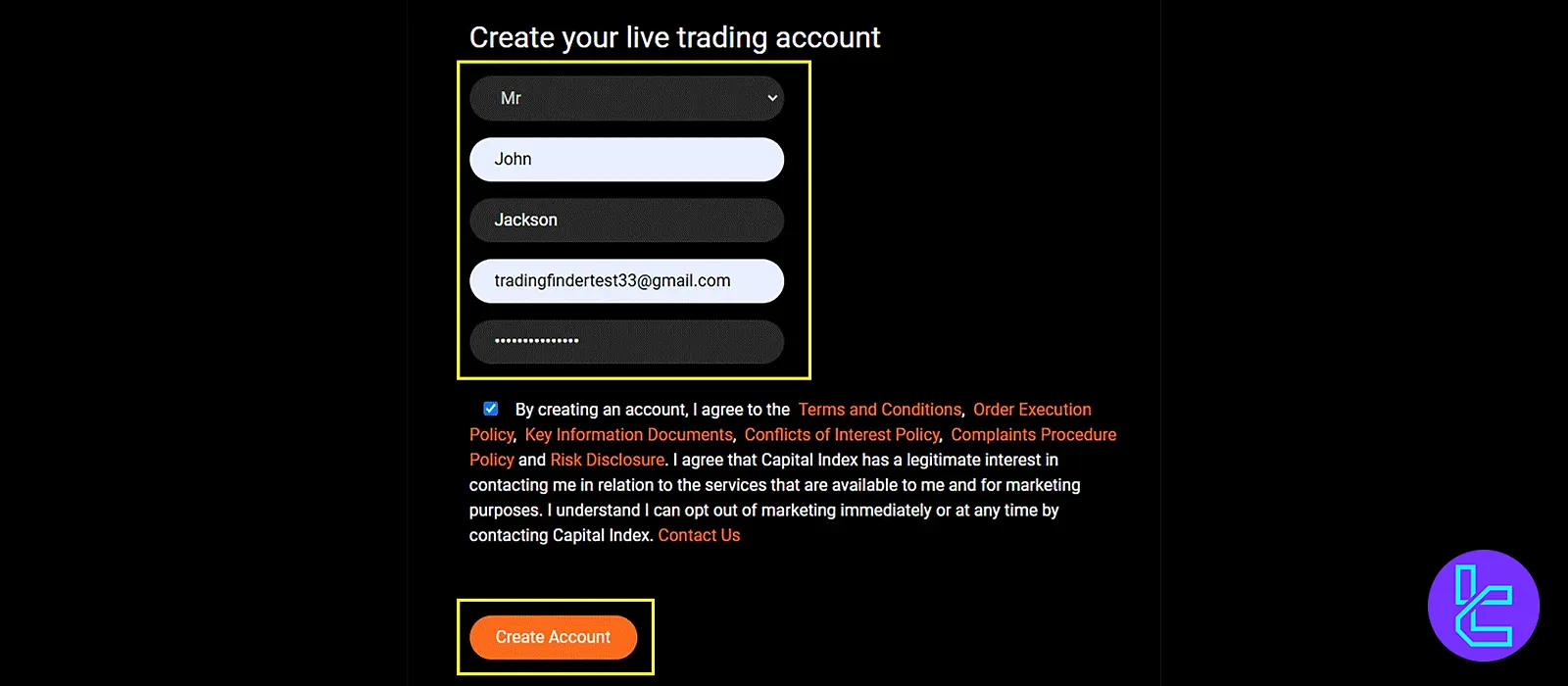 Capital Index account form