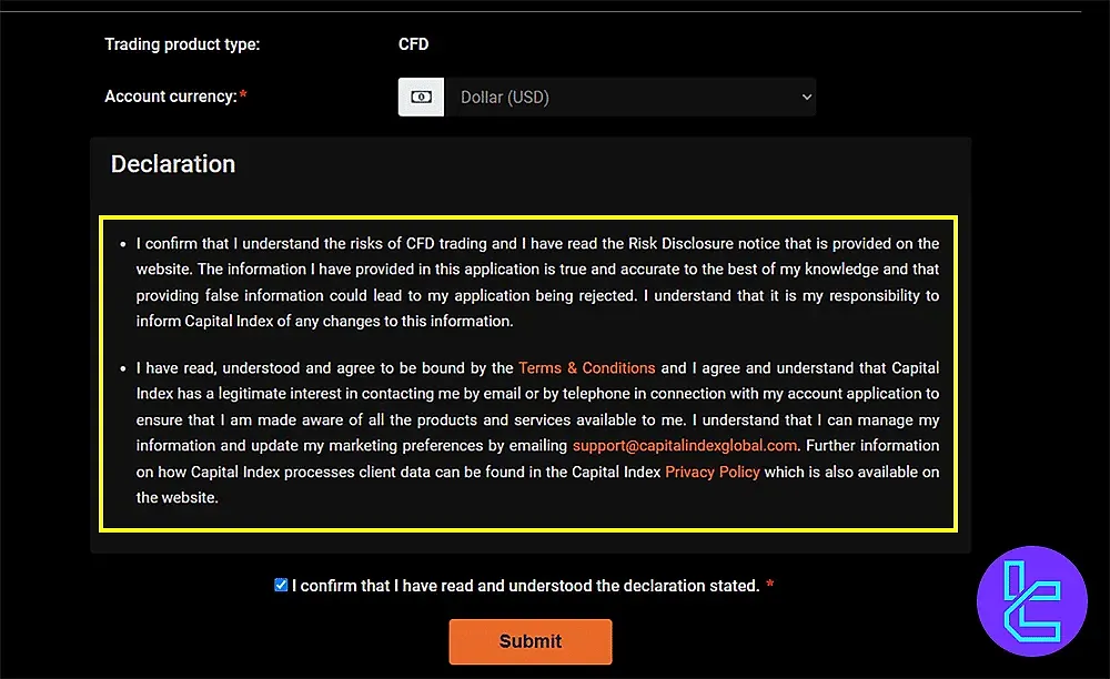 Capital Index Declaration statement confirmation