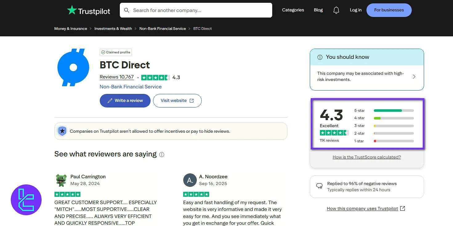BTC Direct Trustpilot score