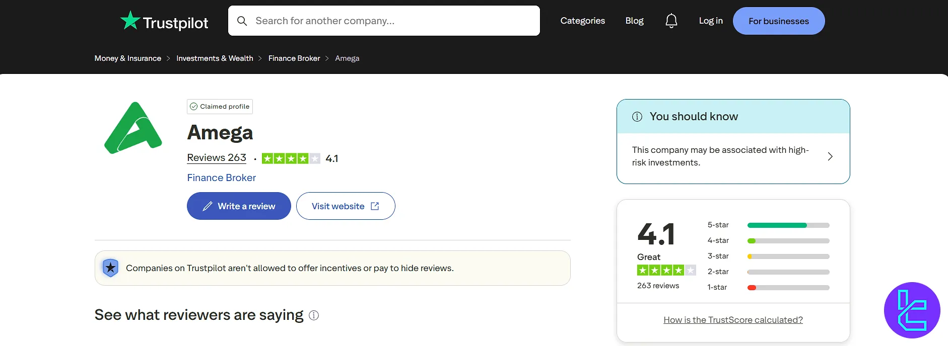 Amega Trustpilot rating