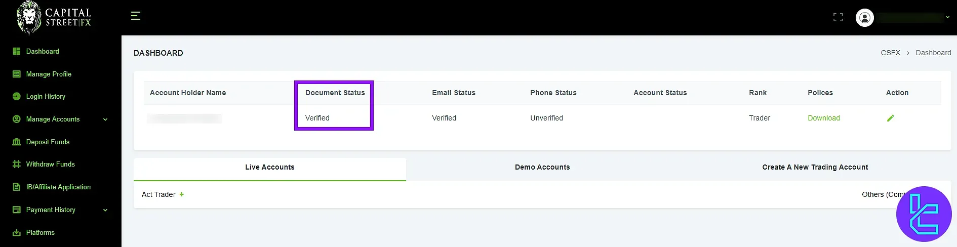 Capital Street FX KYC verified status