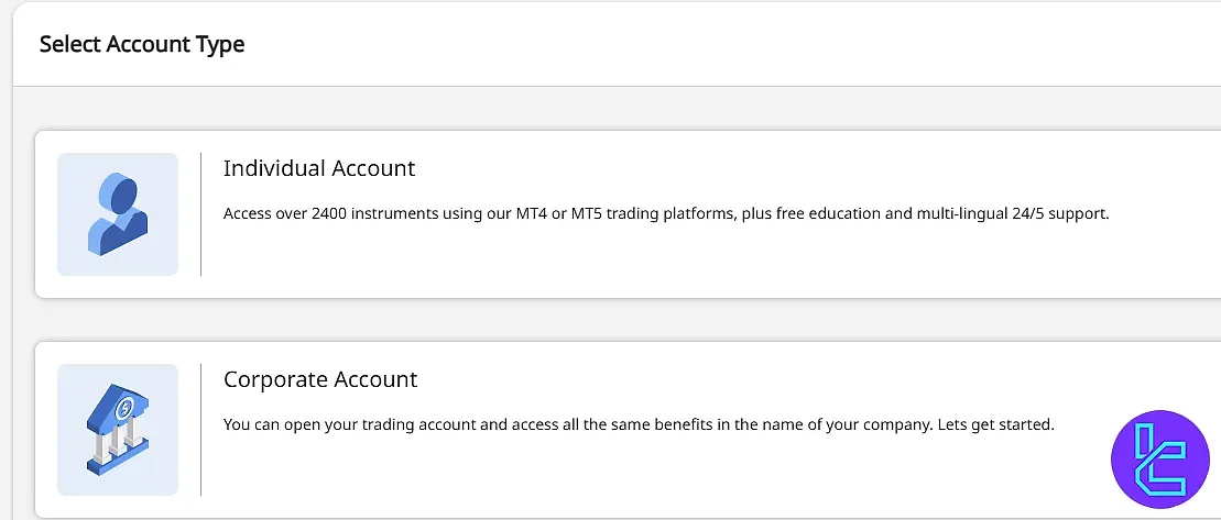 Account type selection at ACY Securities