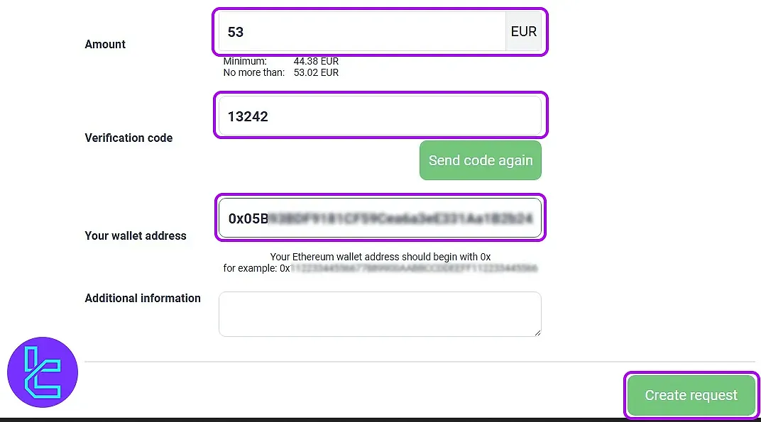 Withdrawal form with 4-digit verification in Esperio