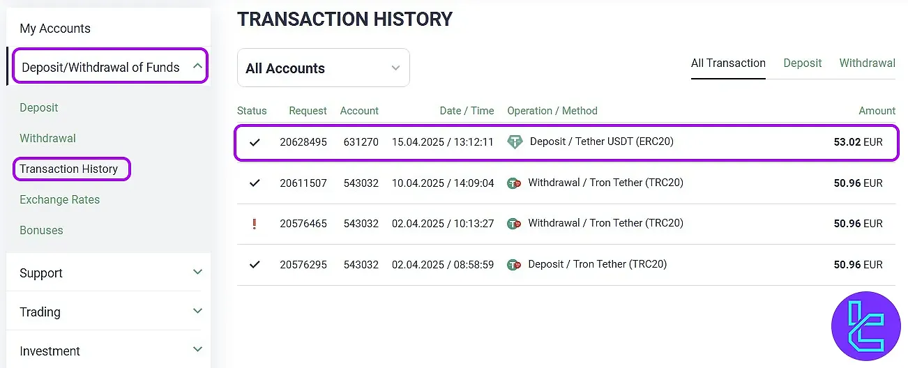 Transaction history confirming Esperio ERC-20 deposit