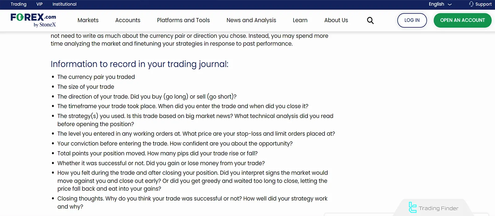 Recording information in a Forex Journal