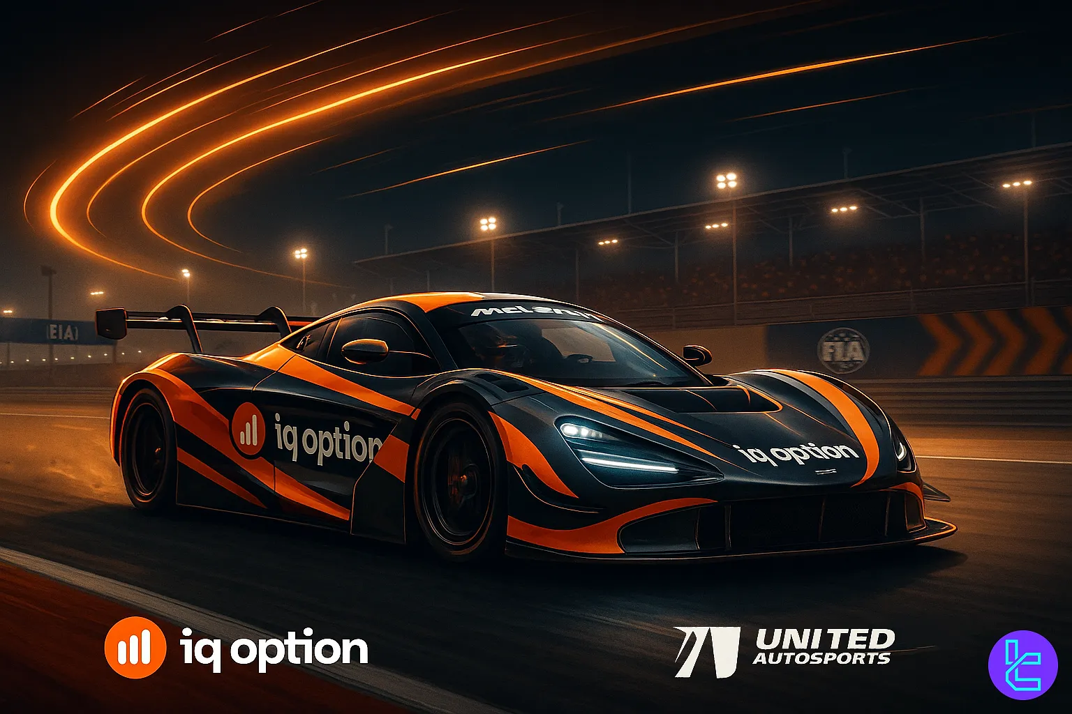 Side view of IQ Option race car under Bahrain night sky