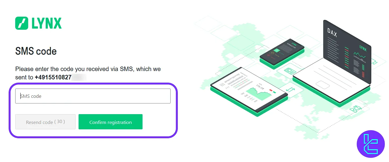SMS verification code entry in the LYNX broker signup