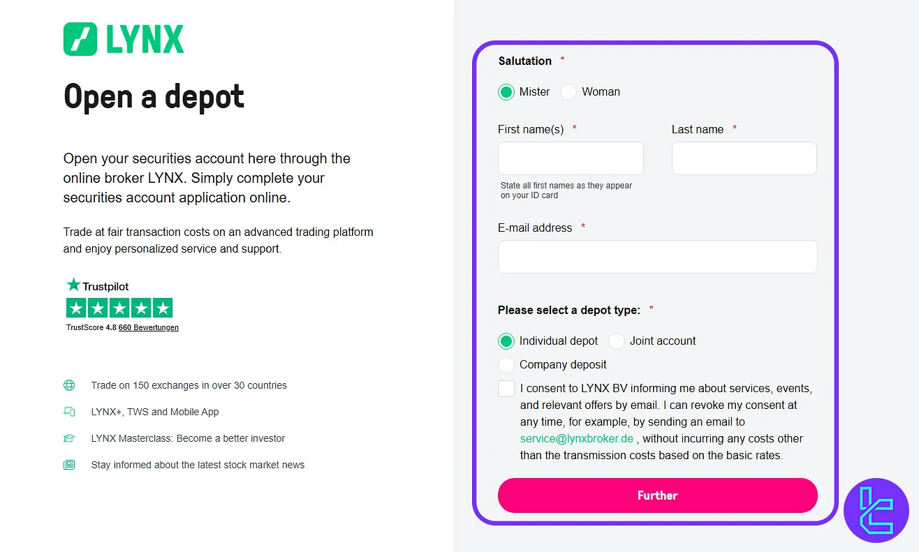 Personal details form in the LYNX broker signup