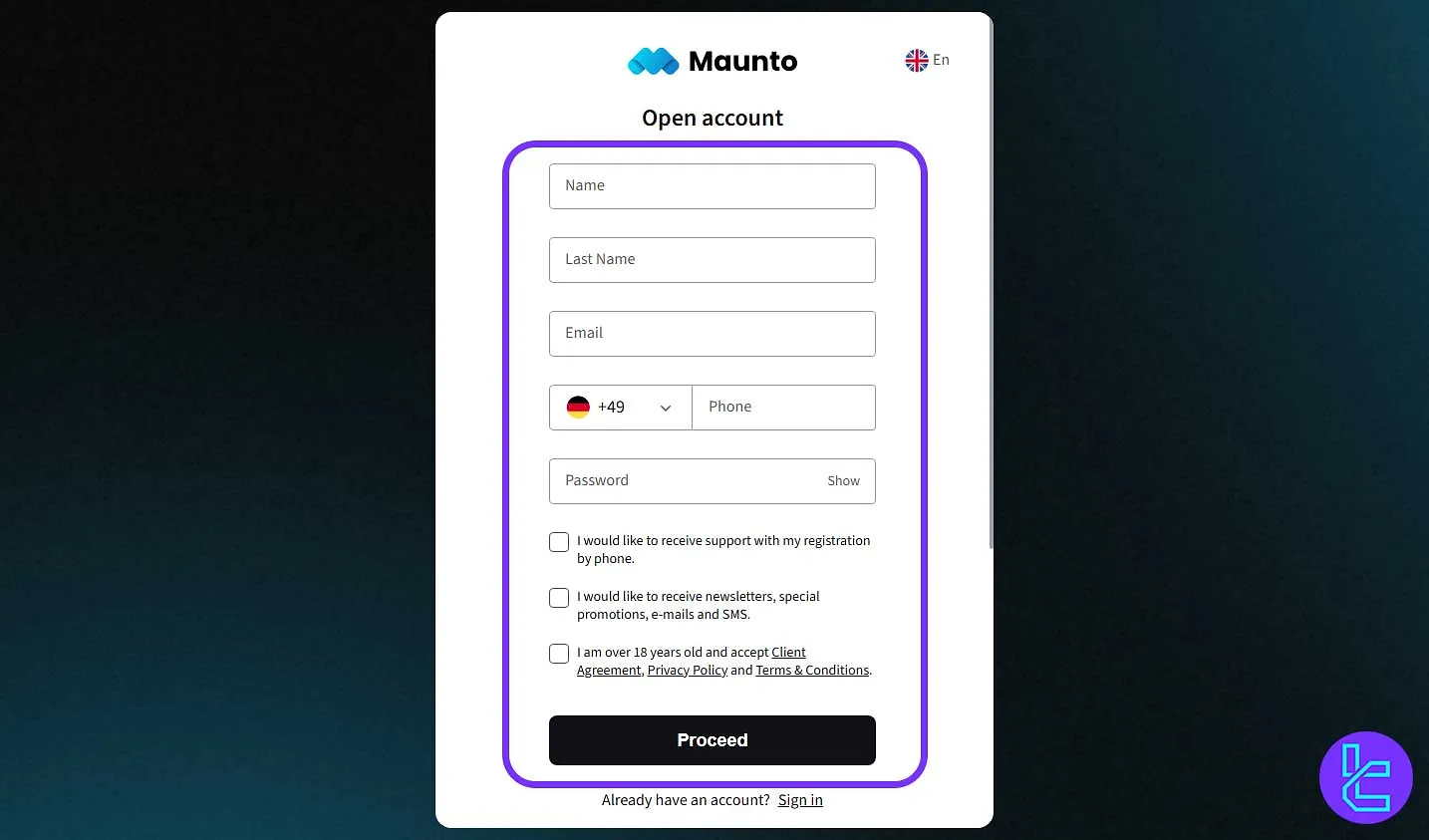 Maunto broker signup form