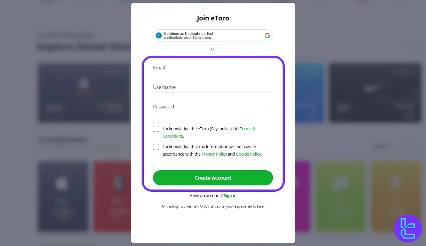 Enter Credentials for eToro Broker signup