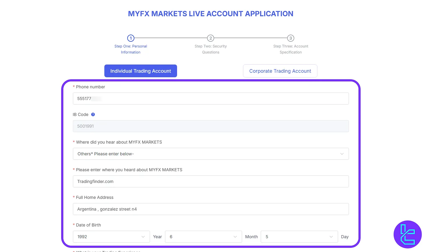 Select Account Type in MYFX Markets setup