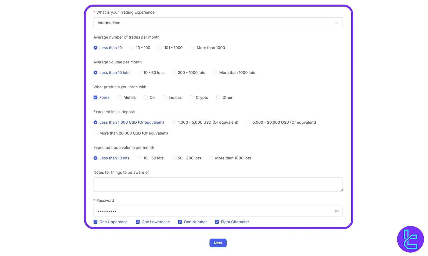 MYFX Markets signup personal profile form