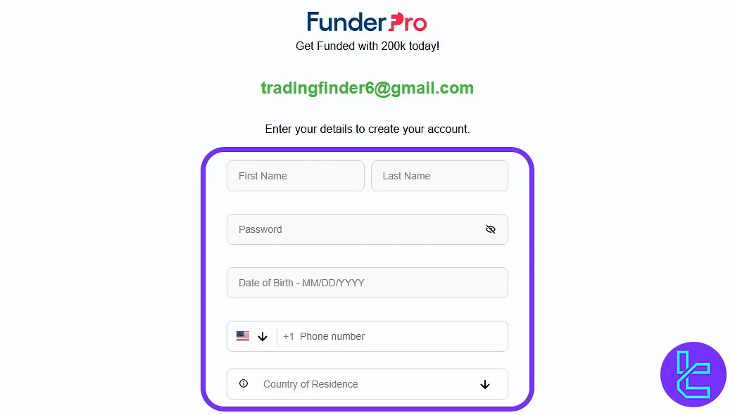 FunderPro account setup form personal details section