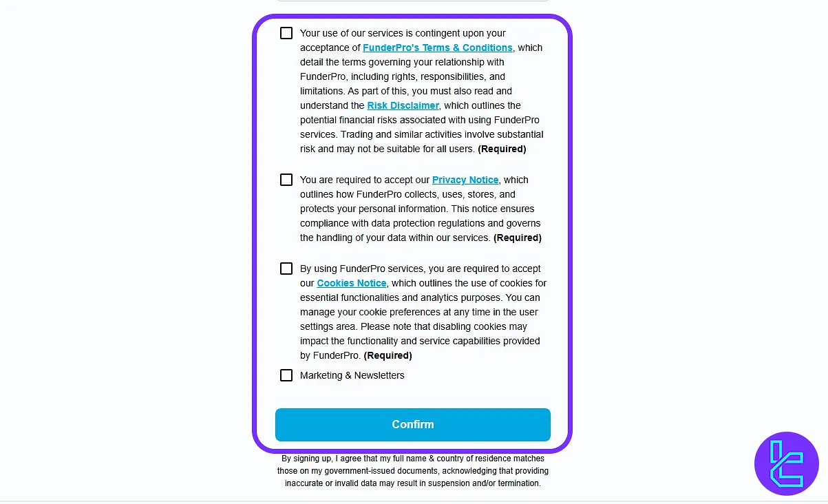 FunderPro account setup terms and conditions