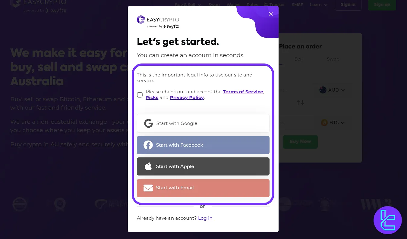 Terms and conditions agreement box for Easy Crypto account setup