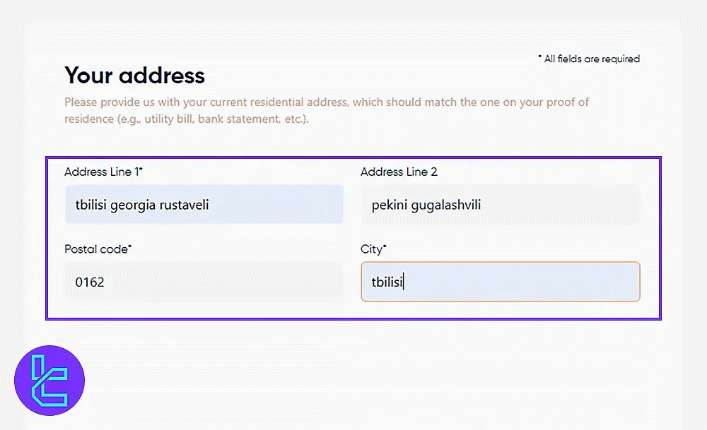 Eurotrader address entry page