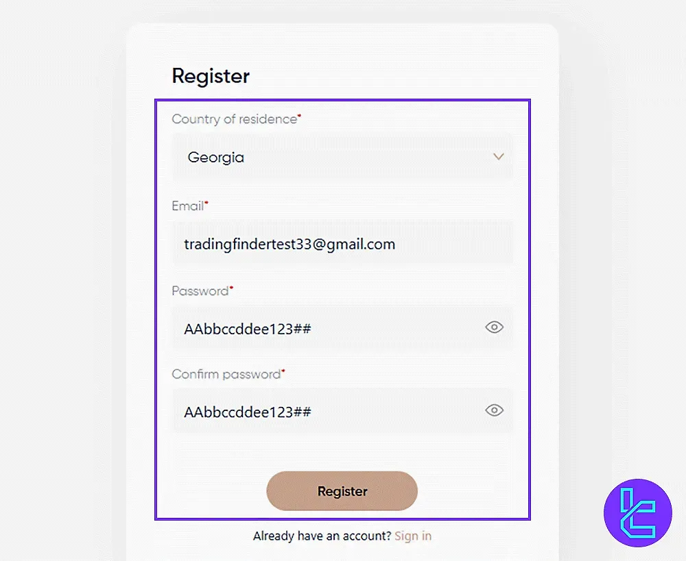 Eurotrader account creation form
