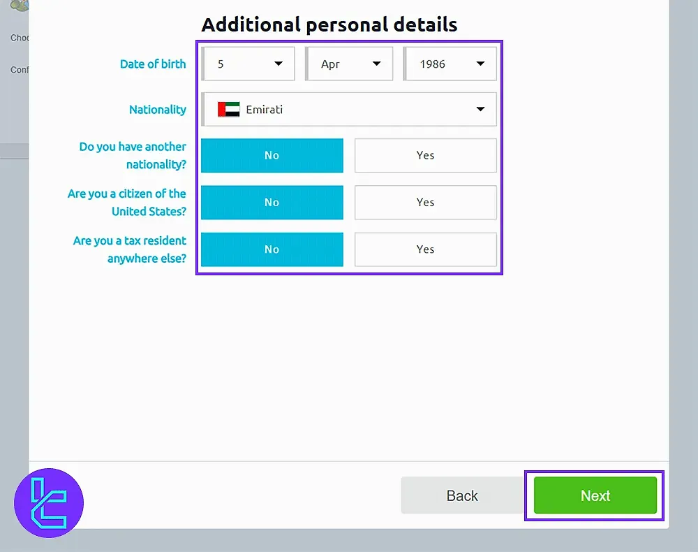 CMC Markets nationality and tax details form