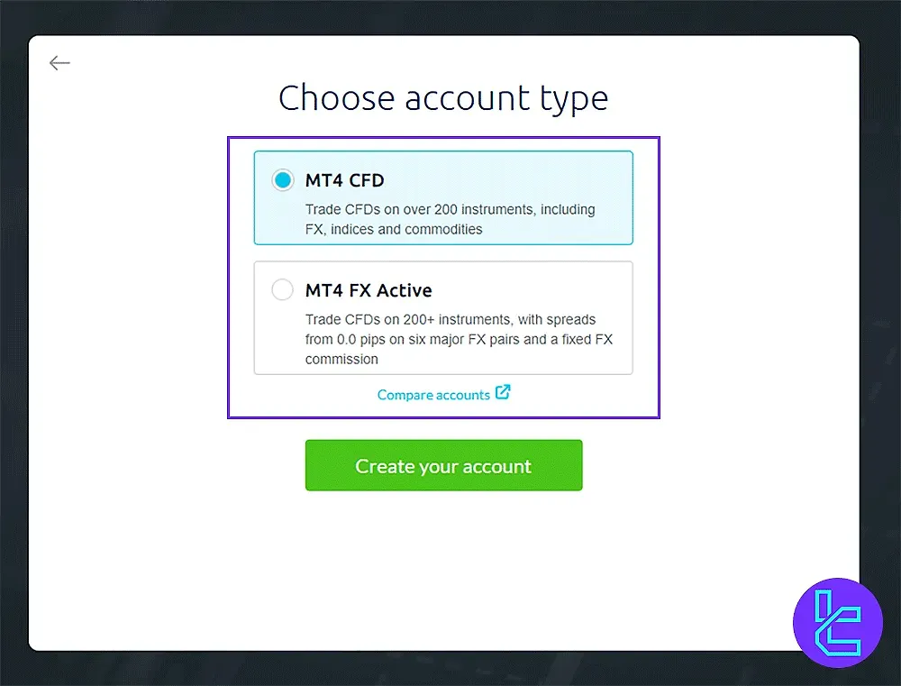 CMC Markets account type selection screen