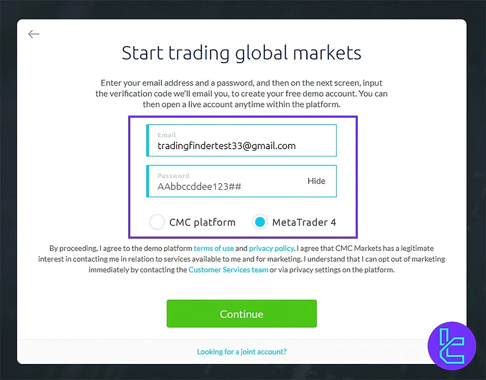 CMC Markets email and password setup form