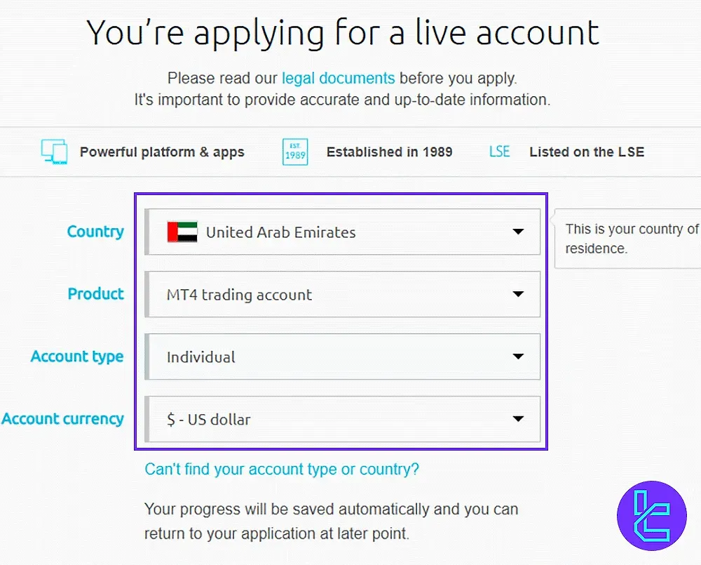 CMC Markets live account setup form