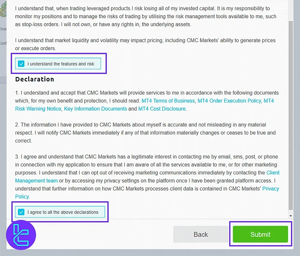 CMC Markets terms and conditions acceptance page
