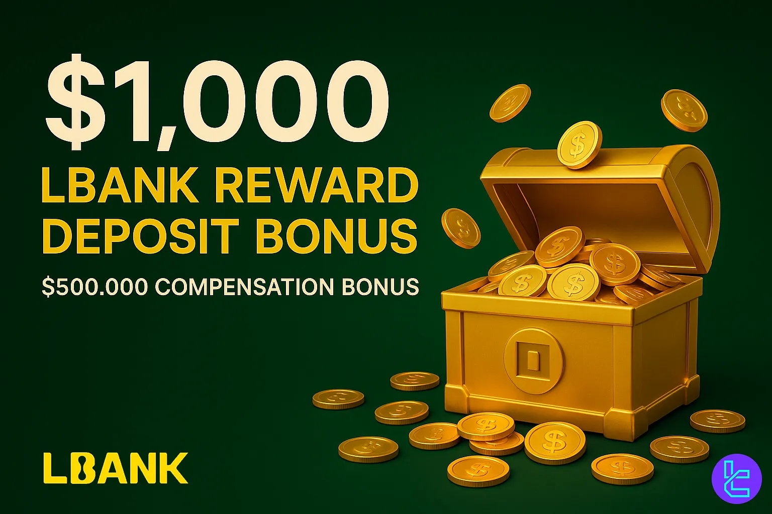 LBank $1,000 deposit reward bonus promotion with golden coins and treasure chest