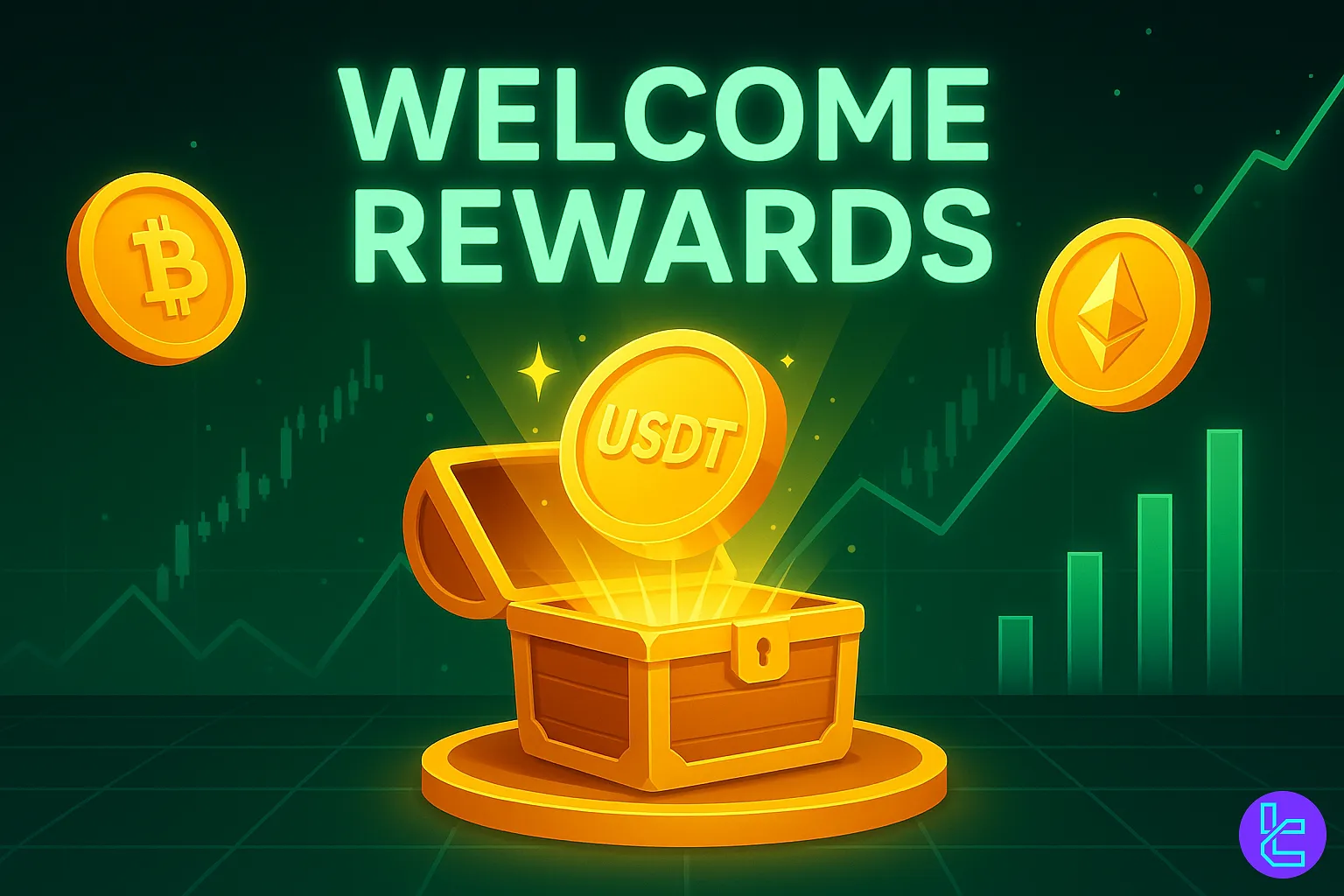 HTX Exchange promotion showing Bitcoin, Ethereum, and USDT rewards