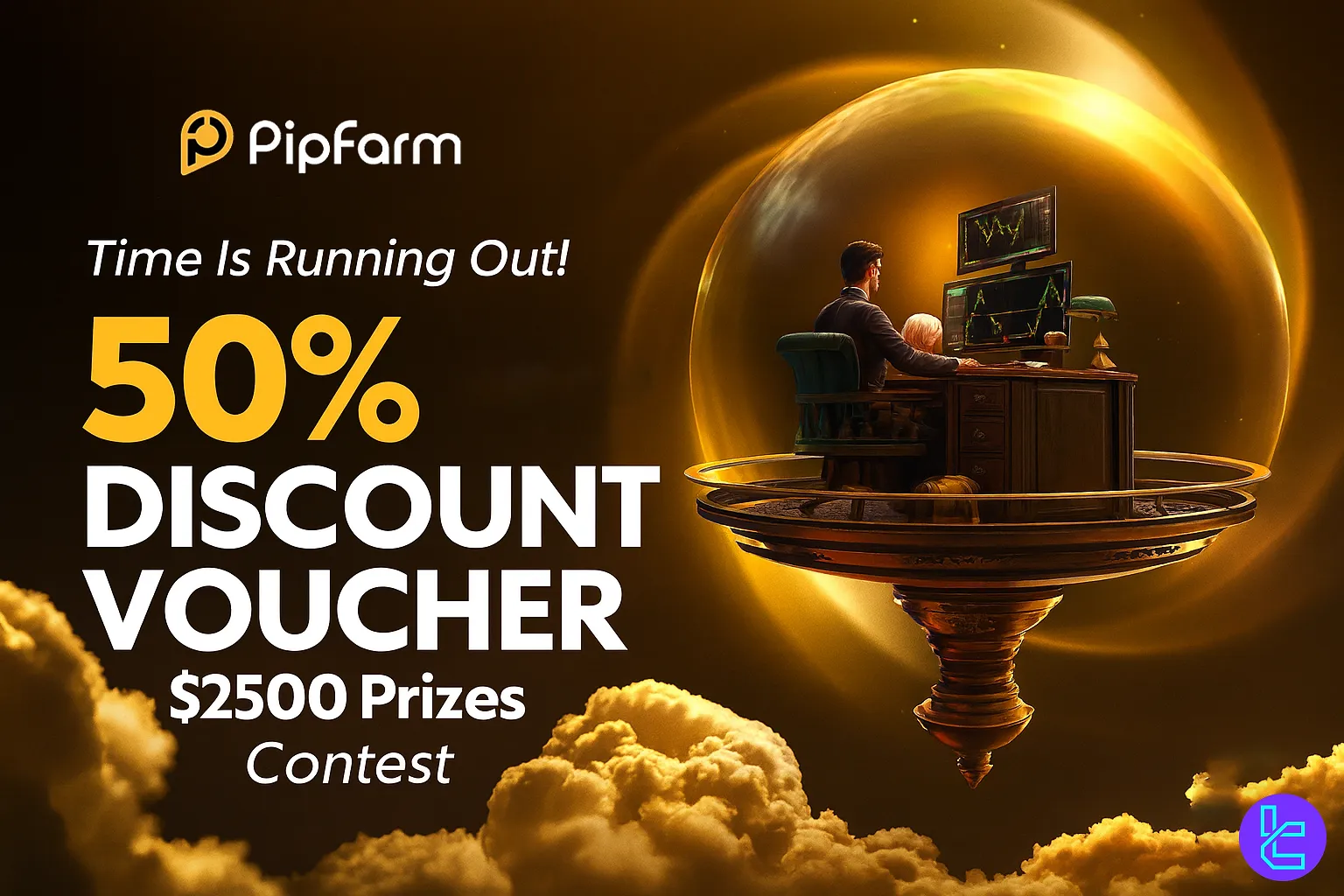 PipFarm 50% discount voucher promo banner with contest prize