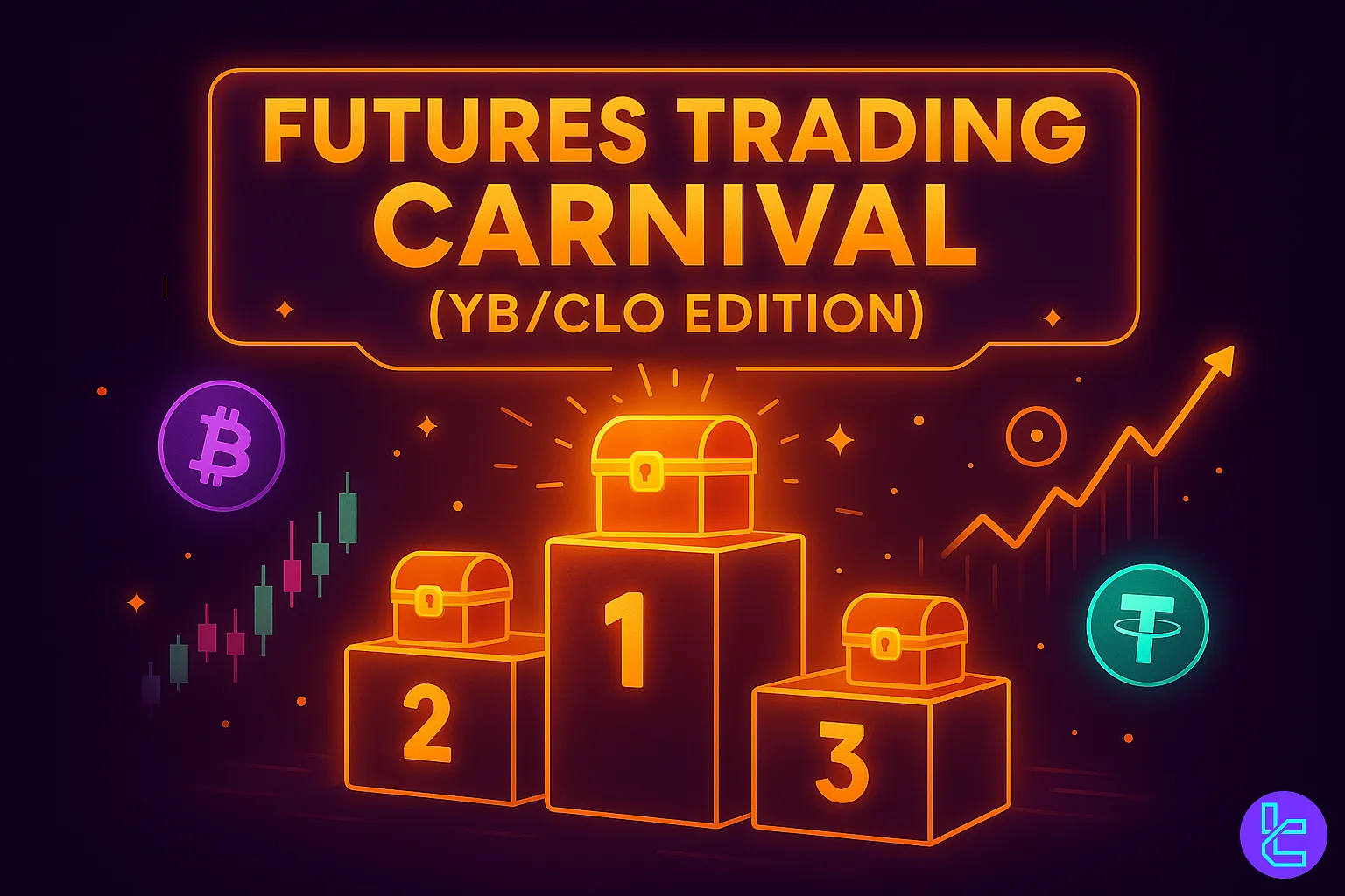 HTX Futures Trading Carnival YB/CLO Edition podium and crypto icons