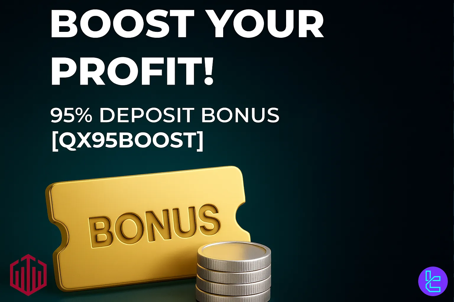 Quotex 95% deposit bonus promo banner with QX95BOOST code