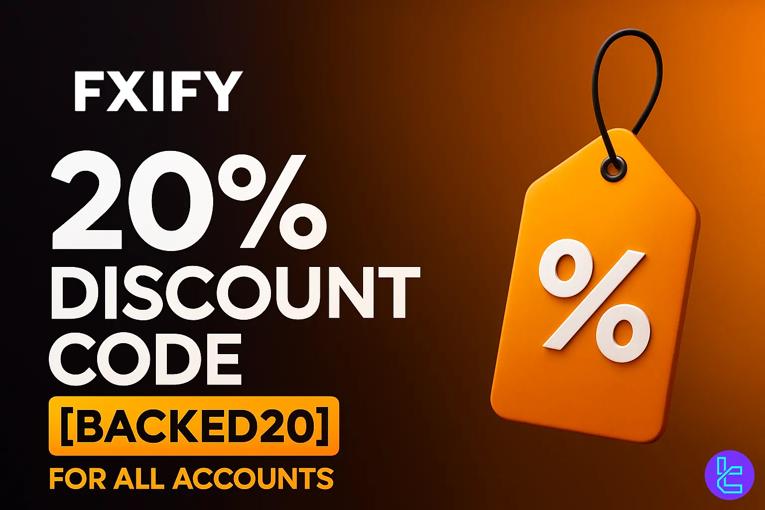 FXIFY promo banner showing %20 discount code BACKED20 for all accounts