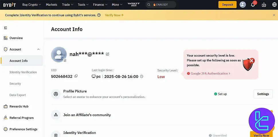 بخش Account پنل کاربری بای بیت