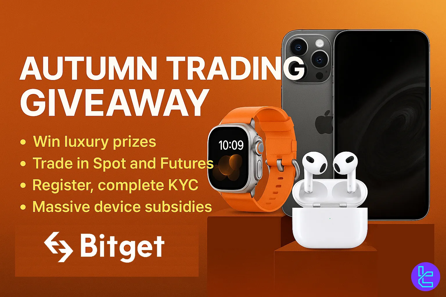 Bitget promo with iPhone, Apple Watch and AirPods Pro