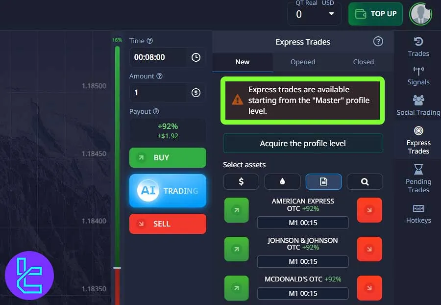 Pocket Option Express Trades requires Master count level