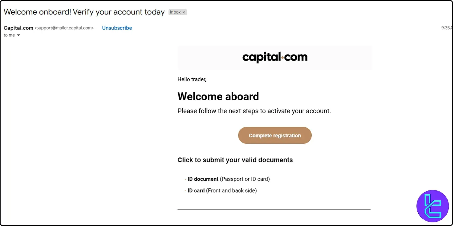 Complete registration button on Capital.com email