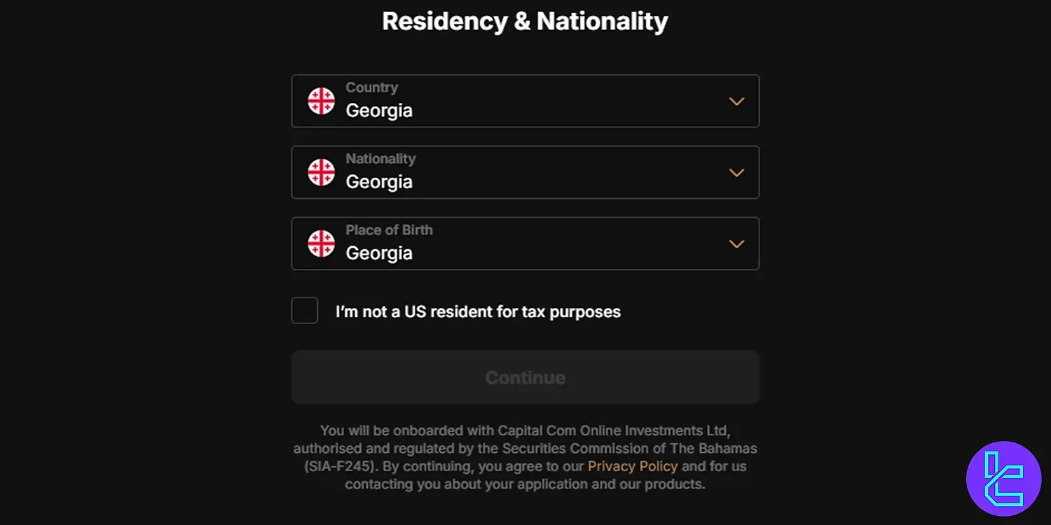 Select country of residence on Capital.com registration