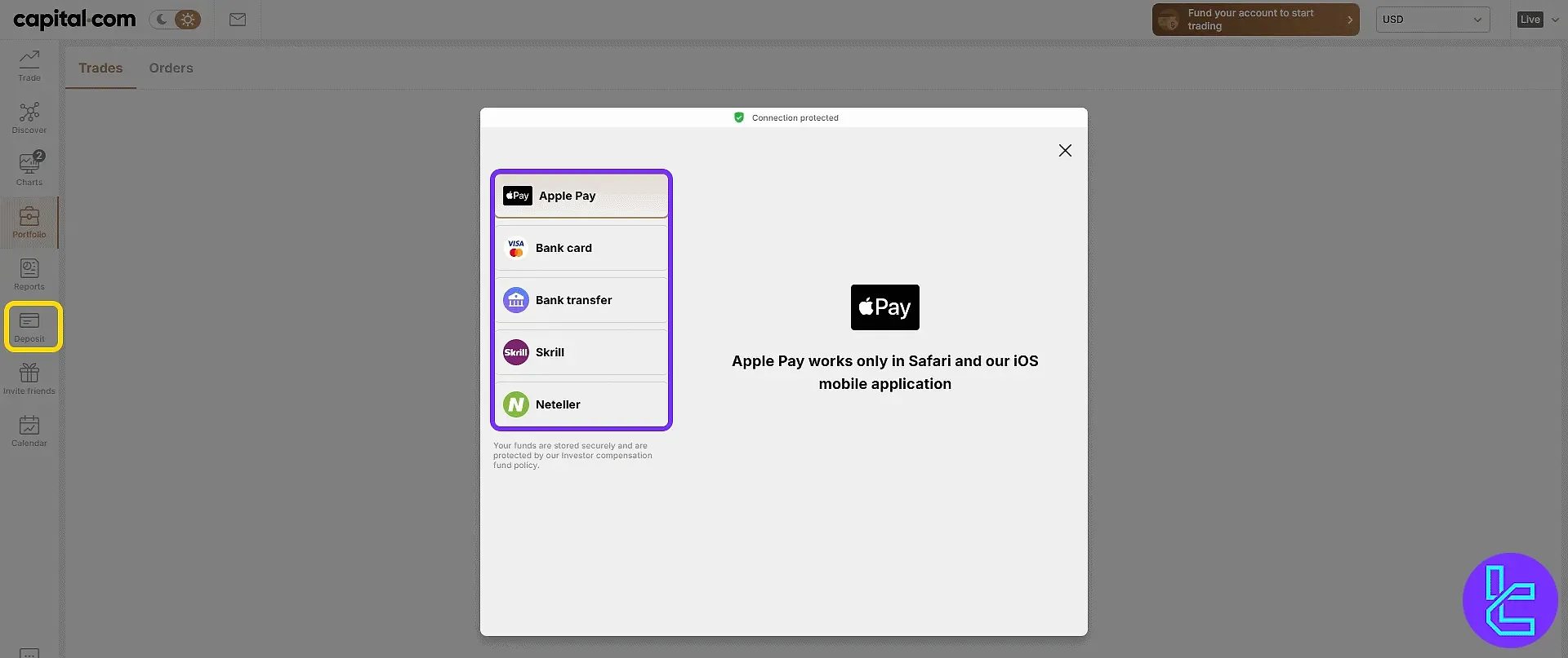 Capital.com deposit options interface