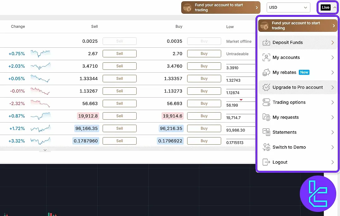 Capital.com live menu options panel