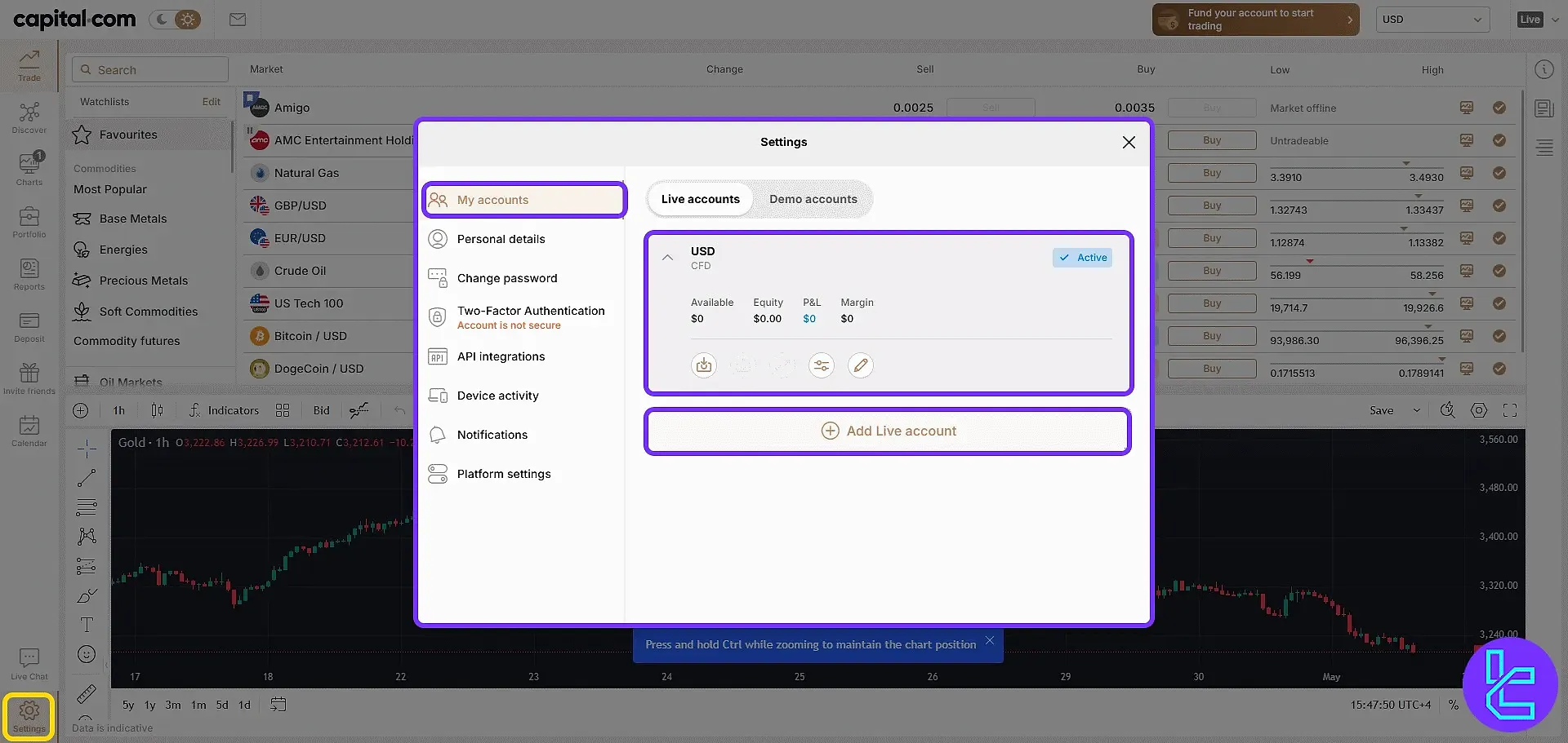 Capital.com account management settings