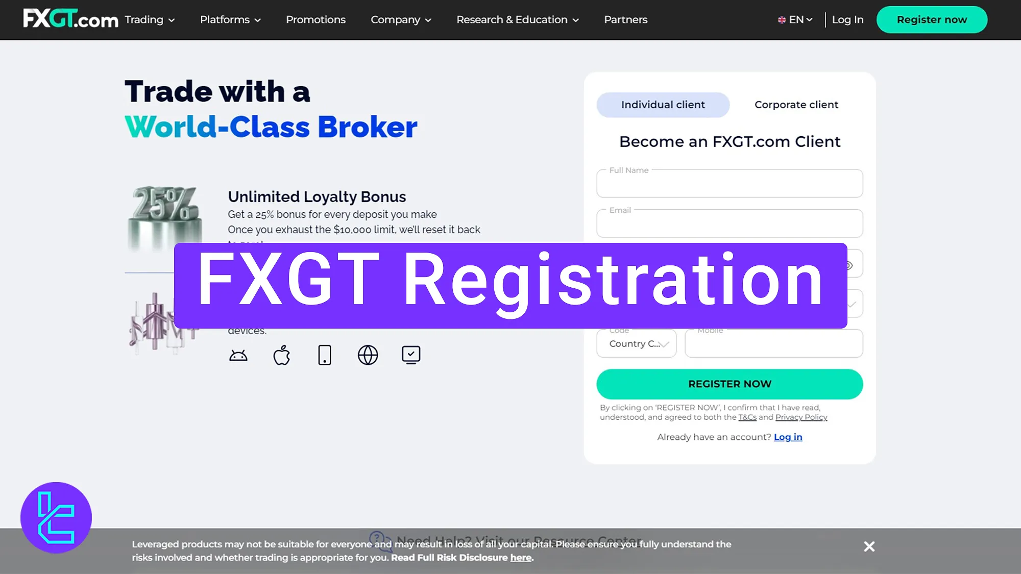FXGT Registration - Email, Phone, Country, and Password [4 steps] 2025