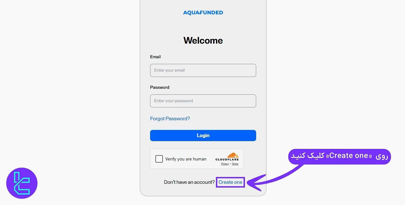دسترسی به صفحه ایجاد حساب در آکوا فاندد