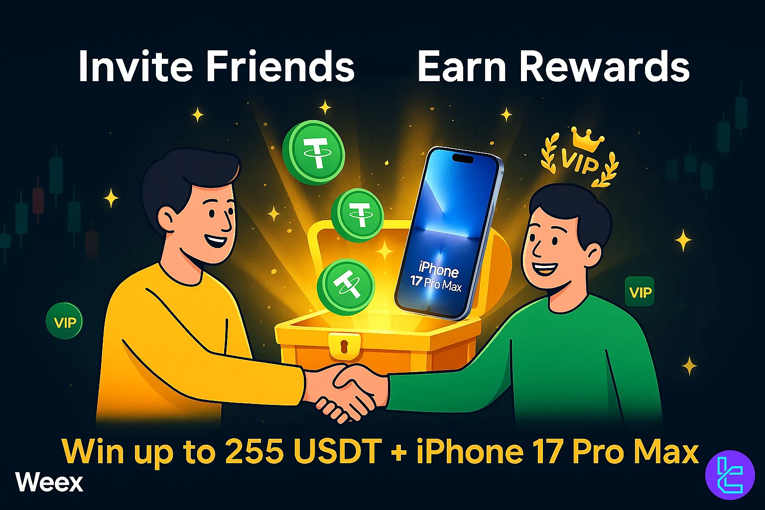 Weex invite friends campaign with USDT and iPhone 17 Pro Max rewards