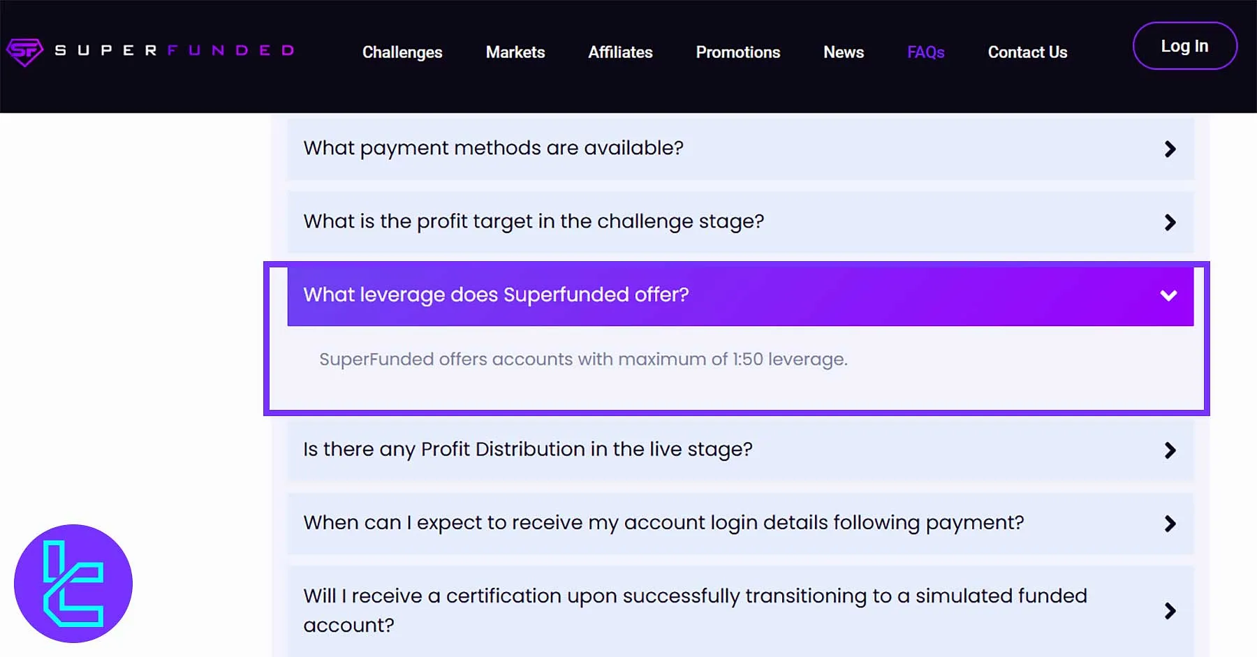 SuperFunded 1:50 leverage offering for funded trading accounts
