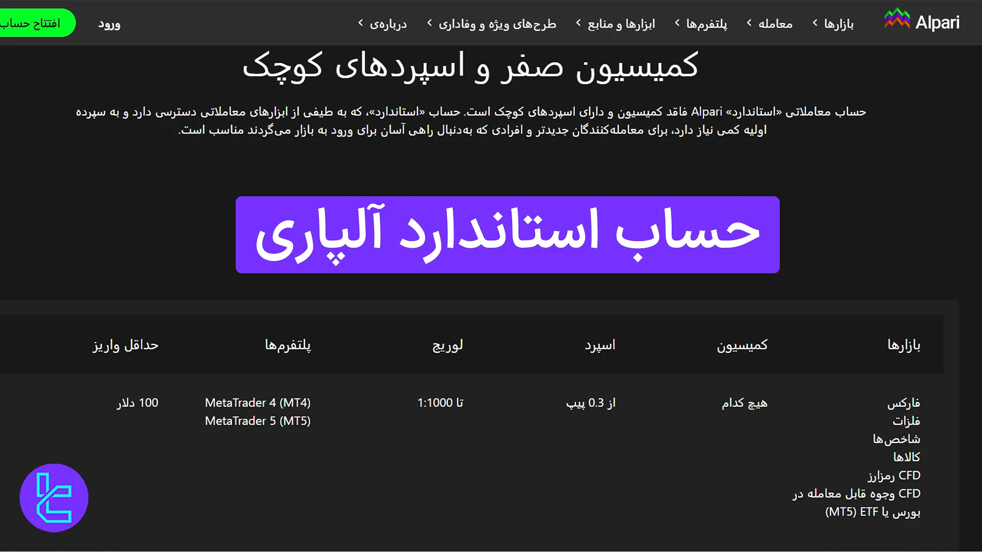 حساب استاندارد آلپاری (Alpari) 1404 [کمیسیون 0 و اسپرد شناور شناور از 0.3 پیپ]